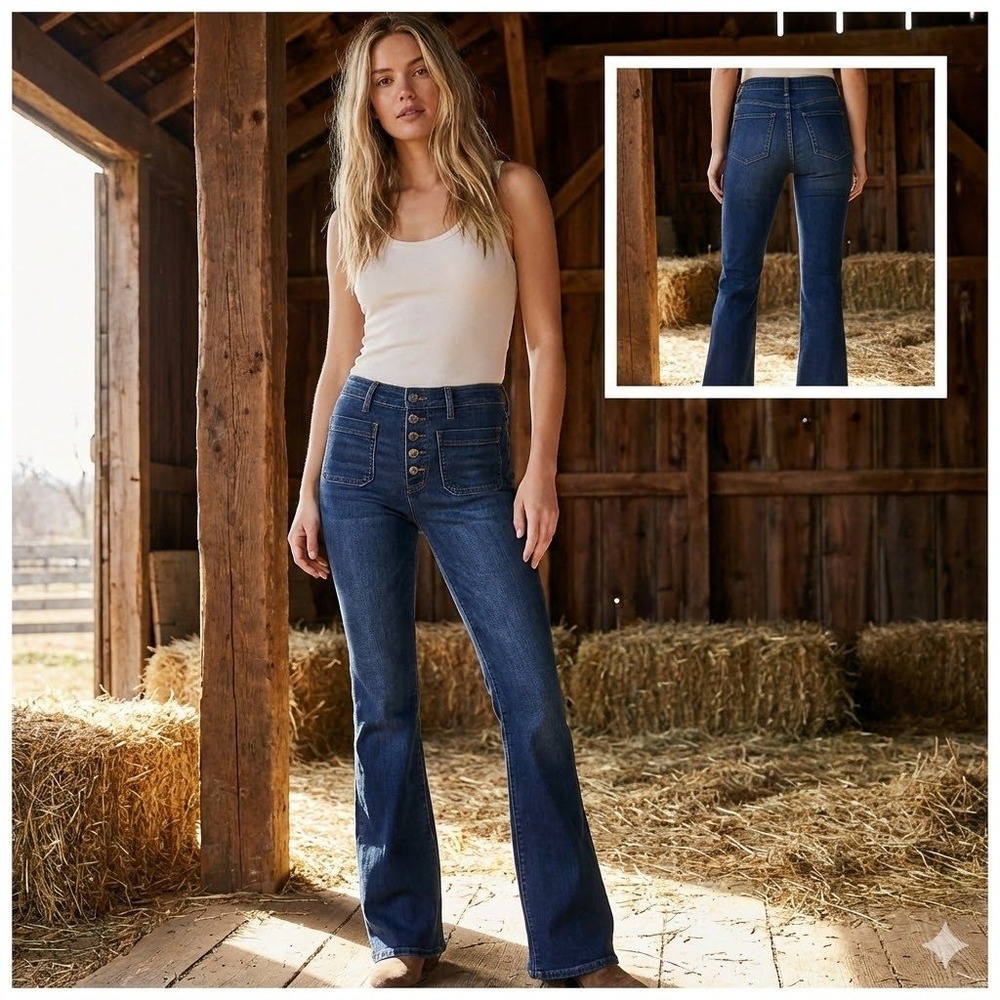 Free People Seam Flare Jeans 24 Button Fly Dark Wash Stretch Denim Patch Pocket‎